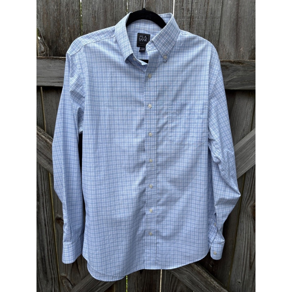 Jos. A. Bank Traveler Shirt Mens 16-35 Tailored Fit Blue White Plaid Cotton